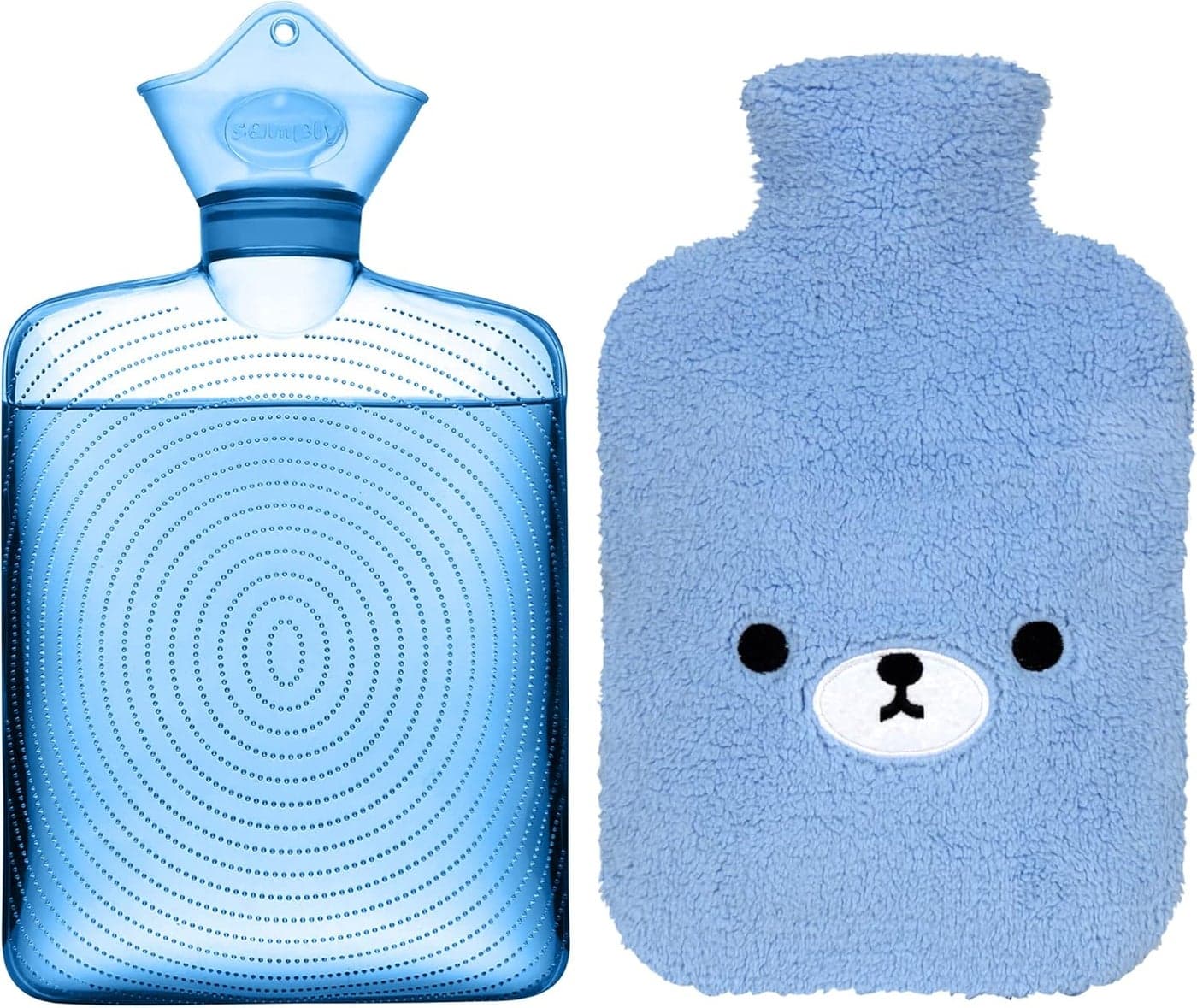 samply Hot Water Bottle with Cute Fleece Cover Hot Water Bag for Hot and Cold Compress Hand Feet Warmer Neck and Shoulder Pain Relief Light Blue Bear