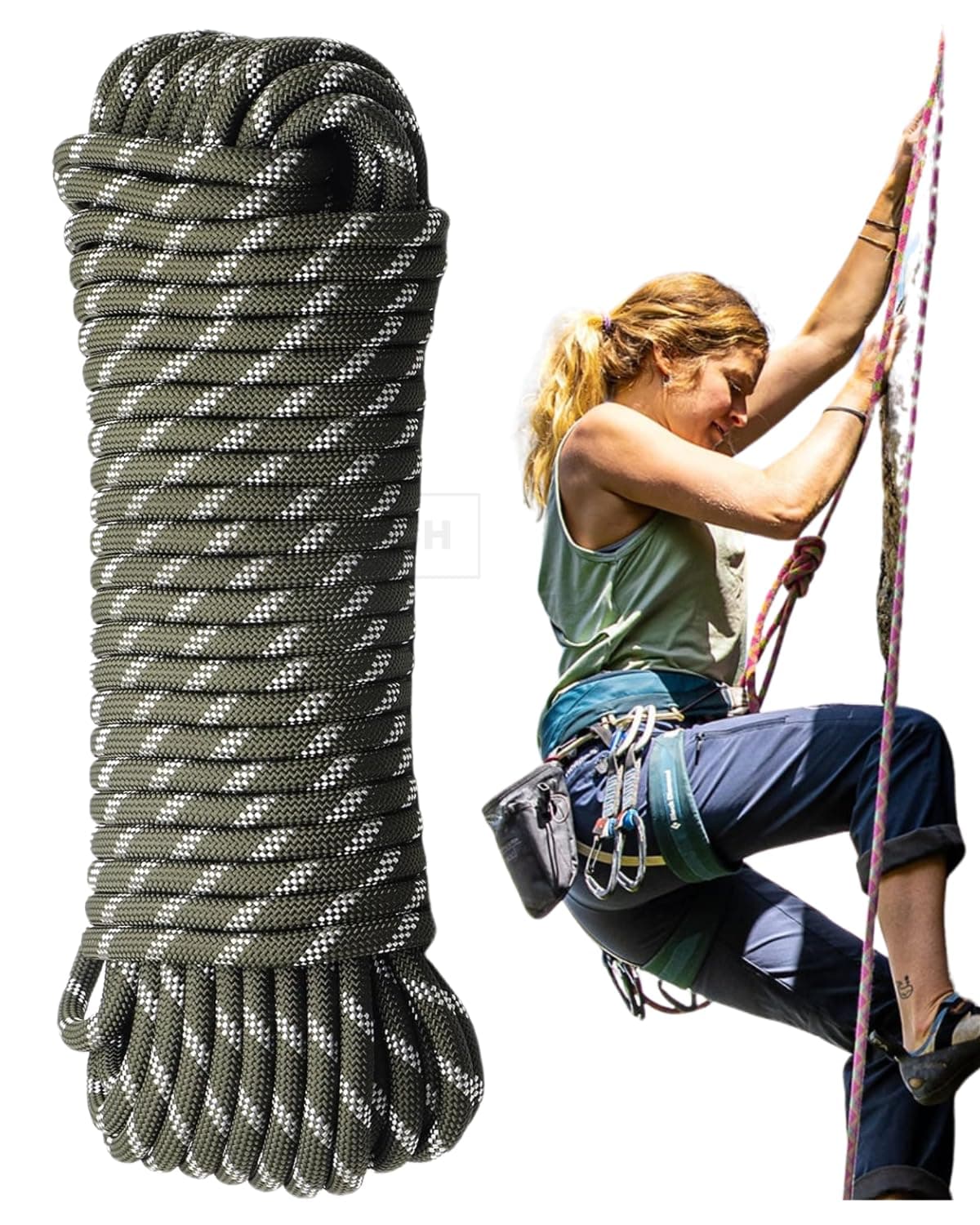 White Tech 8mm Static Climbing Rope 100% Nylon Black Rock Climbing Rope 14Kn Breaking Strength for Outdoor Survival Accessory Safety for Outdoor Survival, Hiking, Mountaineering (8MM 10MTR)