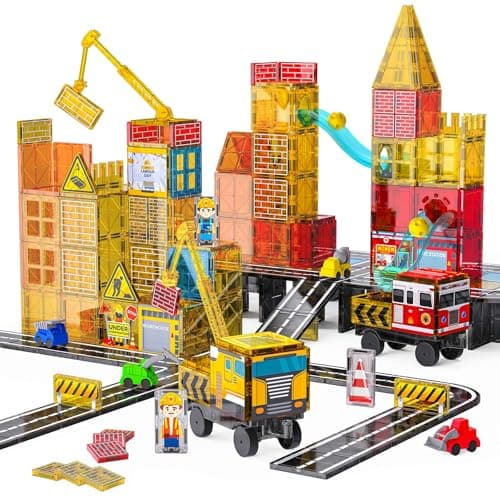 SKTMYY Magnetic Tiles Construction Toys with Road Crane Marble Run DoubleSided Fire Station Building Magnet Tiles for Kids Ages 48 STEM Magnetic Blocks Gifts for 3 4 5 6 7 8 Year Old Boys
