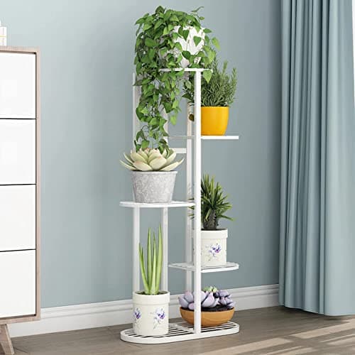 Trendy Decor Metal 6 Tier 7 Potted Plant Stand Multiple Flower Pot Holder Shelves Planter Rack Storage Organizer Display for Indoor Outdoor Garden Balcony Size- HxL 41x18 Inch (Gold) (7/6-White)