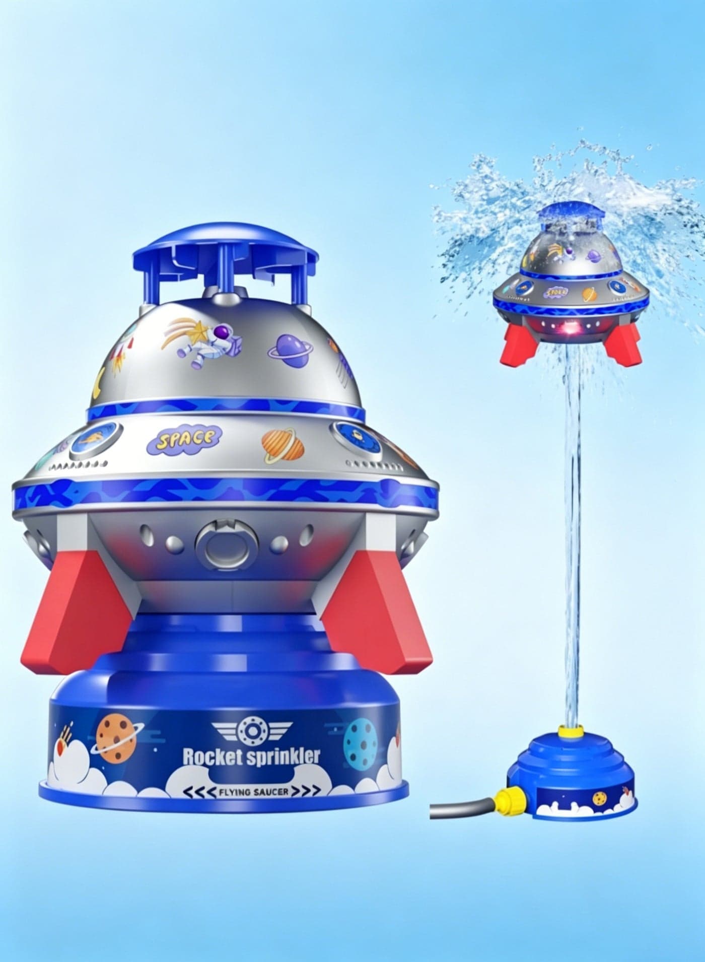 UFO Water Sprinkler for Kids, Space Rocket Sprayer with 6 Colorful LED Lights, Flying Saucer Splash Pad for Toddlers, Outdoor Summer Water Toys for Summer Parties and Family Fun