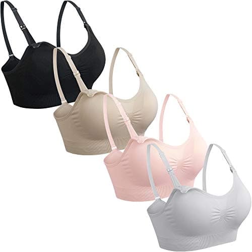 GXXGE 4Pack Nursing Bra for Breastfeeding Maternity Bras Push Up Silk Seamless Pregnancy Bralette Underwear Black Beige Grey Pink Medium
