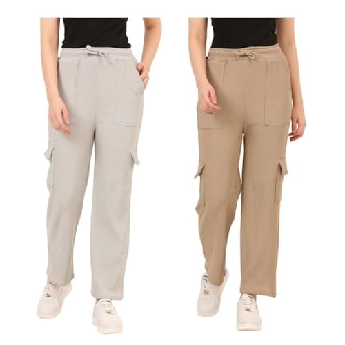 IndiCrafts Trendy Straight-Fit Cargo Palazzo Pants for Kids Girls |High-Waist Casual Wear with Pockets | Comfortable & Versatile Bottoms for Everyday Fashion (Grey, Beige_15-16 Y)| Pack of 2