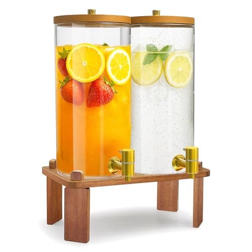 VERSSURE 2PCS Drink Dispenser, 1.5 Gallon Each Glass Beverage Dispenser with Wood Stand and Stainless Steel Faucet Ideal for Juice, Lemonade, and Tea,Large Drink Dispenser for Parties and Home Use