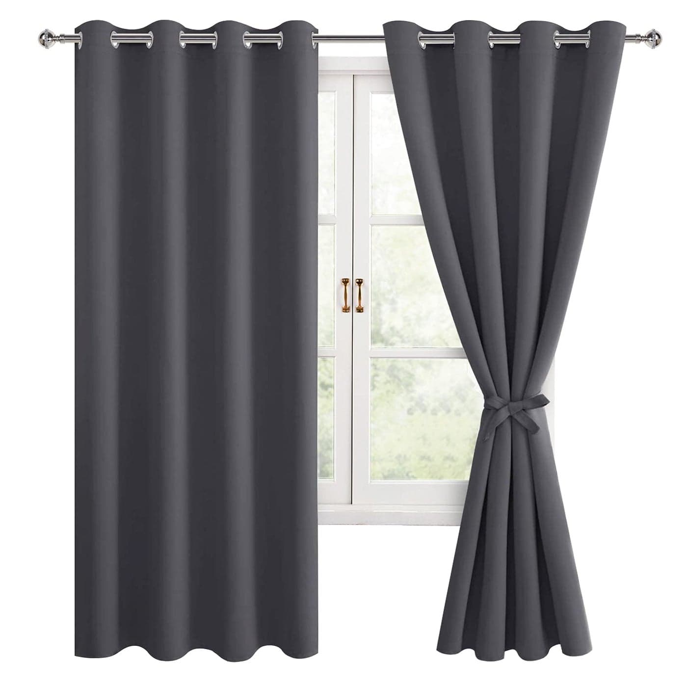 Hiasan Blackout Curtains for Bedroom 52 x 63 Inches Length Thermal Insulated Light Blocking Window Curtains for Living Room 2 Drape Panels Sewn with Tiebacks Dark Grey