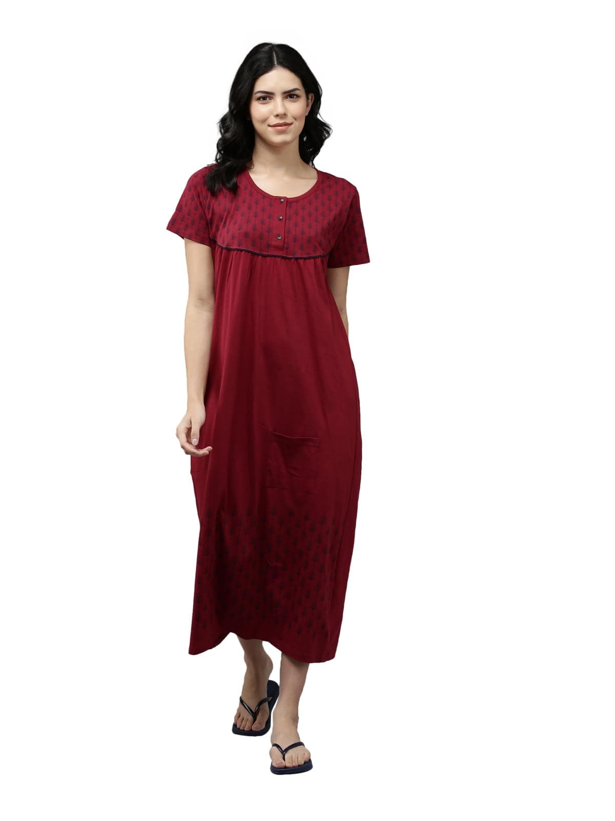 KRYPTIC Womens Maroon Printed Pure Cotton Maxi Nightdress(Maroon_3-L)