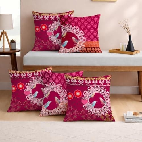 STITCHNEST Set of 5 Polycotton Cushion Covers – Pink & Orange Traditional Bird Print – 16x16 Inches – Ethnic Decorative Cushion Covers for Sofa & Living Room