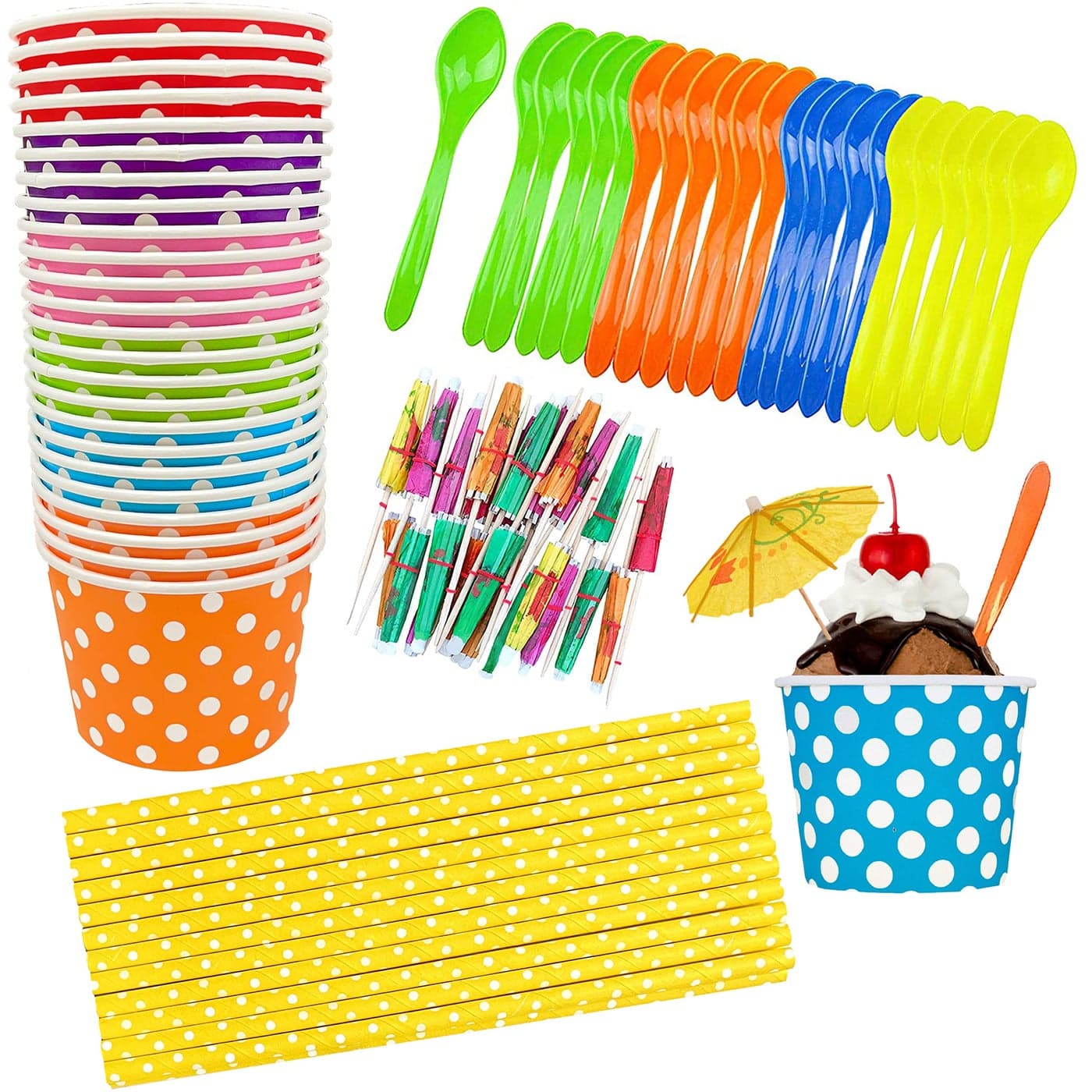 12 Ounce Disposable Paper Treat Cups Ice Cream Bowls Plastic Spoons Paper Straws Ice Cream Sundae Kit for 24 Blue Pink Orange Yellow Green Red Purple