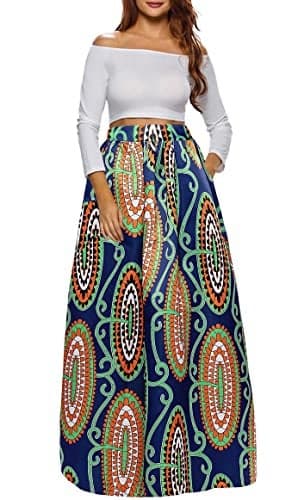 Afibi Women African Printed Casual Maxi Skirt Flared Skirt A Line Long Skirts with Pockets (Medium, Pattern 1)