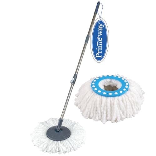 Primeway® Stainless Steel Handle Stick Rod with 2 Microfibre Refills 38cm 115g | Floor Mopping Replacement Set for Bucket Mop Sets | 124cm | Grey