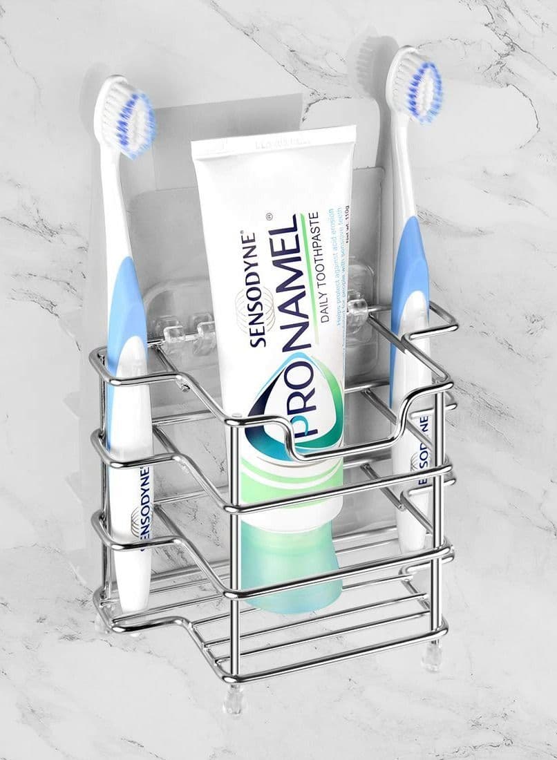 Wall Mount Toothbrush Holder for Bathroom, Shower, Stainless Steel Tooth Brush Stand Electric Toothbrush, Toothpaste, Razor, Self Adhesive Wallmount / Countertop 3 Slots Organize