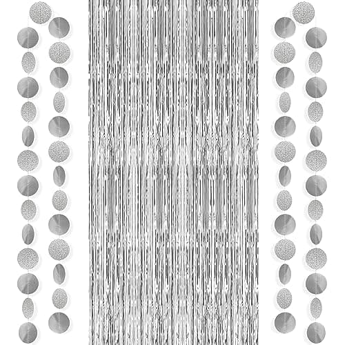 KatchOn XtraLarge Silver Backdrop Curtain with Garland 32x8 Feet Pack of 3 Silver Streamers Backdrop Disco Party Decorations Graduation Backdrop 2026 for Graduation Decorations 2026