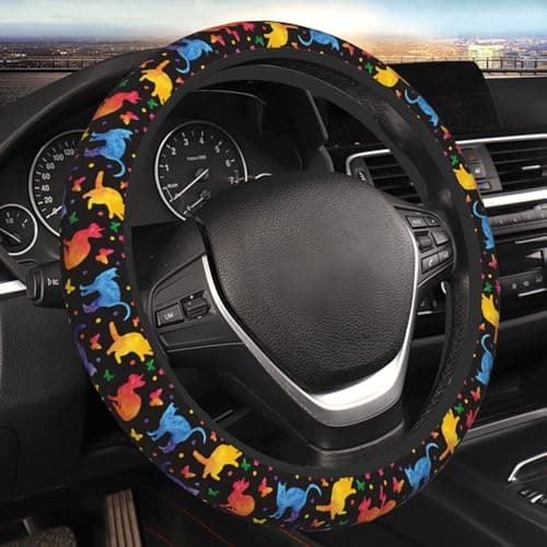 Colorful Cat Butterfly Cute Fun Steering Wheel Cover for Women Men Girls Car Accessories Decor AntiSlip Neoprene Auto Steering Wheel Covers Protector Universal 15 Inch