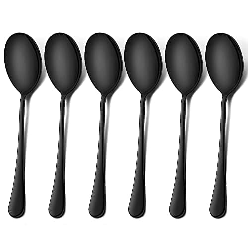 LIANYU Black Serving Spoons Set of 6, 9.8 Inch Stainless Steel Large Dinner Buffet Catering Banquet Serving Spoons, Mirror Finish, Dishwasher Safe
