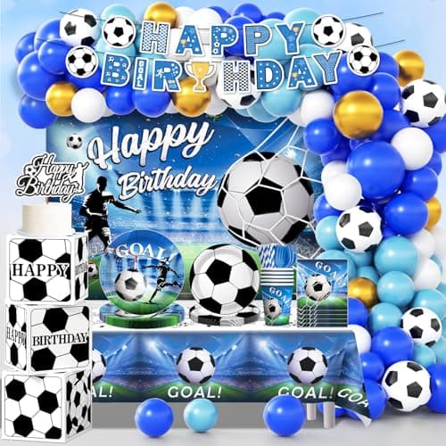 Soccer Birthday Party Decorations Allin1 Supplies Pack Includes Plates and Napkins Backdrop Tablecloth Balloon Kit for Blue Soccer Theme Party Decorations