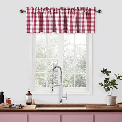 Bapawfish Red and White Buffalo Check Kitchen Curtain Valances for Windows,Burgundy Plaid Gingham Valance for Bathroom Rod Pocket Cafe Curtains, 55" x 15", Red/White