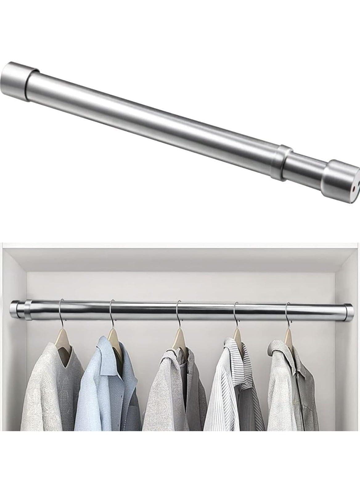 Stainless Steel Extendable Adjustable Wardrobe Hanging Rod, Heavy Duty Round Extensible Closet Bar with End Sockets (47-80cm)