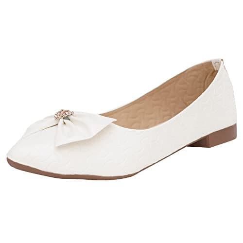 XE Looks Women's White Ballerina Flats | Textured Design with Stylish Bow Detail | Cushioned Footbed for Comfort | Lightweight Slip-On Ballerina for Girls & Women