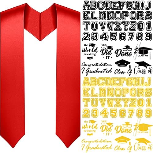 Spakon Unisex Adult Plain Graduation Stole with a to Z Letter 0 to 9 Number Graduation Pattern Badge Decorate Repair PatchesRed