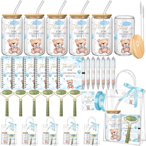 Reallnaive 6 Set Bear Baby Shower Game Prizes for Player Winners Tumblers with Lids Straws Roller for Face Pens Spiral Notebooks Gift Bags for Baby Bridal Shower Wedding Game Favors