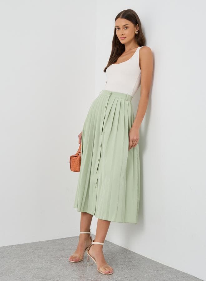 Styli Pleated Buttoned A-Line Midi Skirt