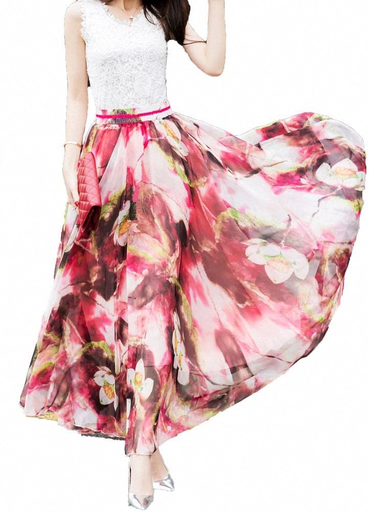 Afibi Women Full/Ankle Length Blending Maxi Chiffon Long Skirt Beach Skirt (Medium, Design F)