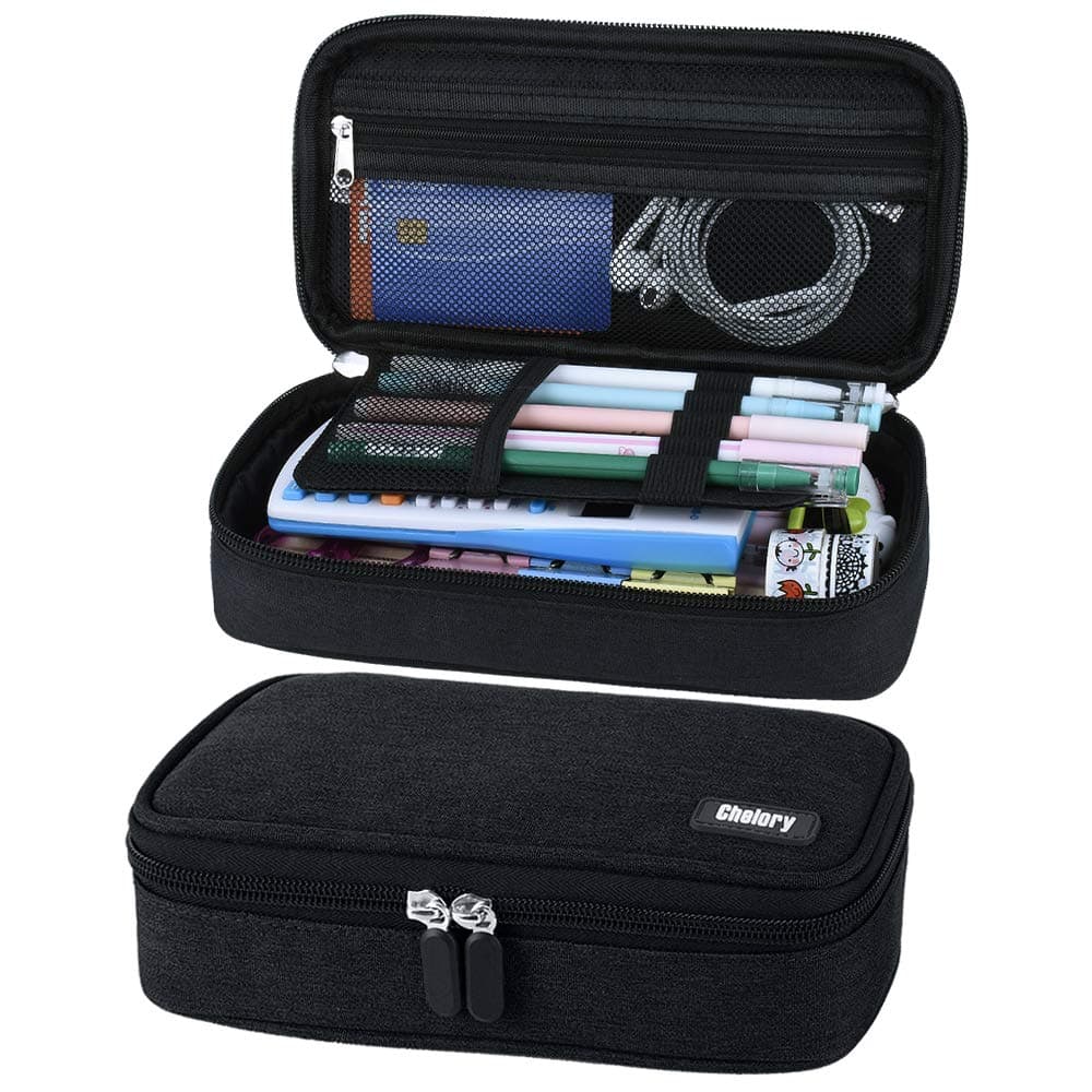 Chelory Big Capacity Pencil Case Large Pencil Bag Pouch Portable Pen Pencil Marker Cases Holder Multi Functional Office Stationery Storage Organizer Supplies Makeup Bag Men Women Black