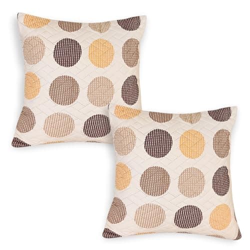 HOKIPO 'HomeHues Series' Printed Quilted Cushion Cover for Sofa 16x16 Inches, Set of 2, Brown Polka Dot (IN-819-D4*2)