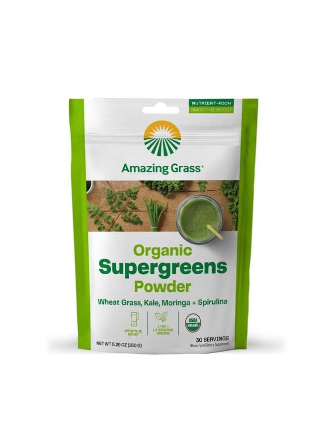 Super Greens Booster: Greens Powder Smoothie Mix with Spirulina, Moringa, Wheat Grass & Kale Smoothie Booster, Chlorophyll Providing Greens, 30 Servings