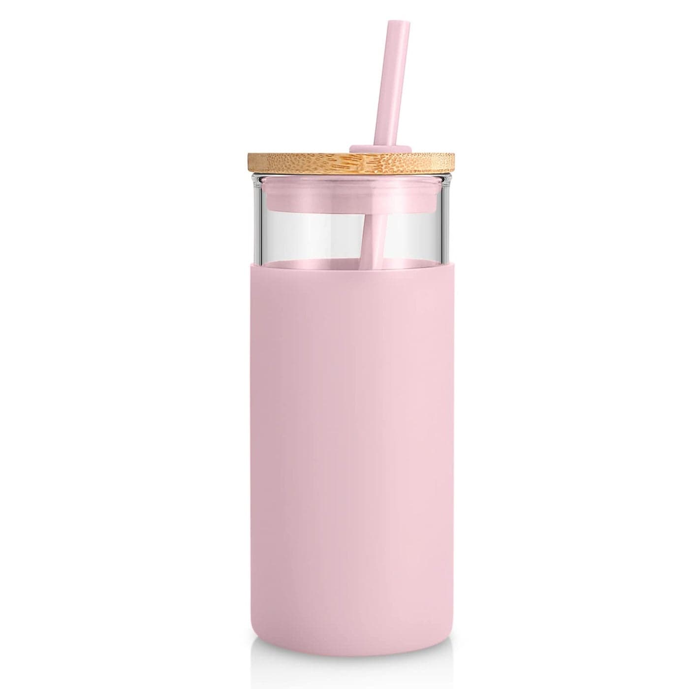 Tronco 20 oz Glass Tumbler with Lid Straw Iced Coffee Cup Smoothie Cup With Silicone Sleeve BPAFree Dishwasher Safe Reusable Glass Cups with Bamboo Lids and Straws Pink 1 Count