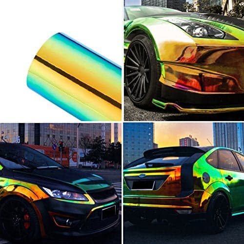 Holographic Laser Metallic Orange Green Car Vinyl Wrap Chameleon Chrome Self Adhesive Vinyl Wrap Multi Color Change DIY Car Body Film, 53.14'' x 7.87''