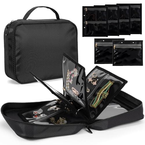 sanipoe Jewelry Organizer and Storage, Jewelry Case Organizer with 28 Pcs Clear Zipper Velvet Pouches, Jewelry Organizer Bag for Traveling Necklace, Earrings, Rings, Bangle, Bracelet and Watch