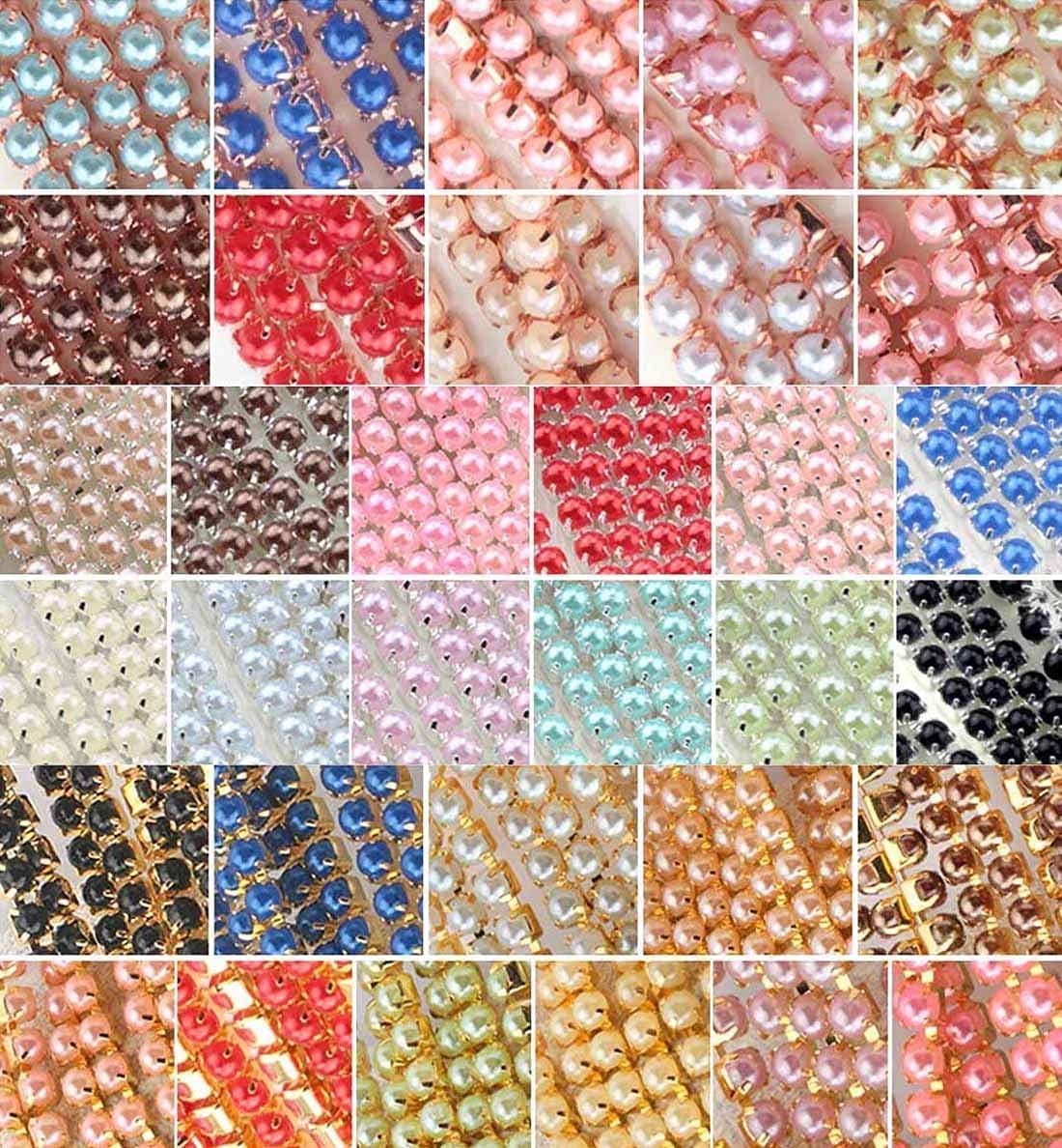 Diy Crafts 15173 9 Colors Pearl Copper Rhinestone Chain Base Cup Pearl Chain for Sewing Diy Garment Accessories Trim, Pack of 3 Set, 2 Yards (Multicolor)