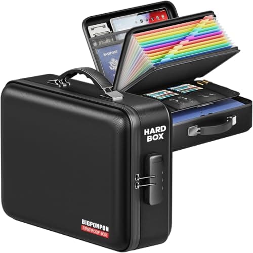 BigPonPon Fireproof Document Box Hard Case Highly FlameResistant Fire Proof Waterproof File Organizer with Lock Portable Fire Safe for Important Documents Valuables Storage Black 15115