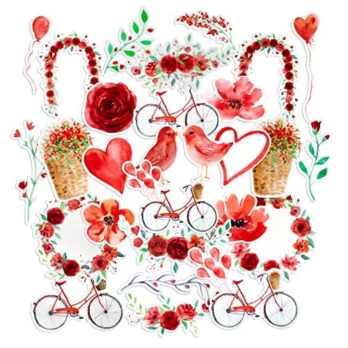 Navy Peony Red Heart and Rose Valentine Stickers (28 Pieces) | Waterproof Decals for Laptops | Stickers for Scrapbook and Journal