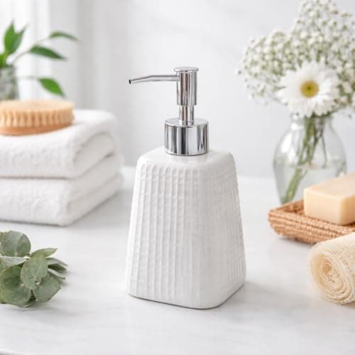 Premium Ceramic Soap Dispenser with ABS Chrome Pump | Refillable Liquid Hand Wash, Lotion & Dish Soap Bottle | Modern Bathroom & Kitchen Countertop Accessory (White Textured, LD-047-D4)