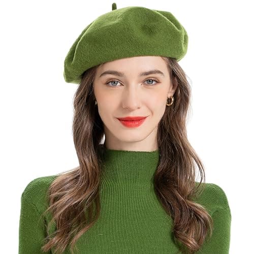 Wool Beret Hat Classic Solid Color French Beret for Women (Army Green)