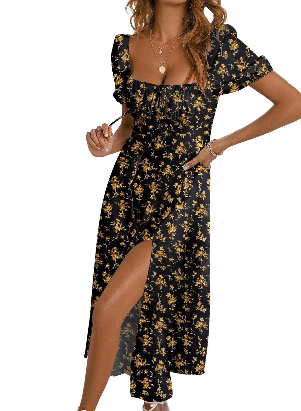 BLENCOT Summer Square Neck Floral Dresses for Women Flounce Short Sleeve Casual Dress Sexy Split Thigh Tie Front Ruched A-line Boho Maxi Dresses P220Black Medium Size
