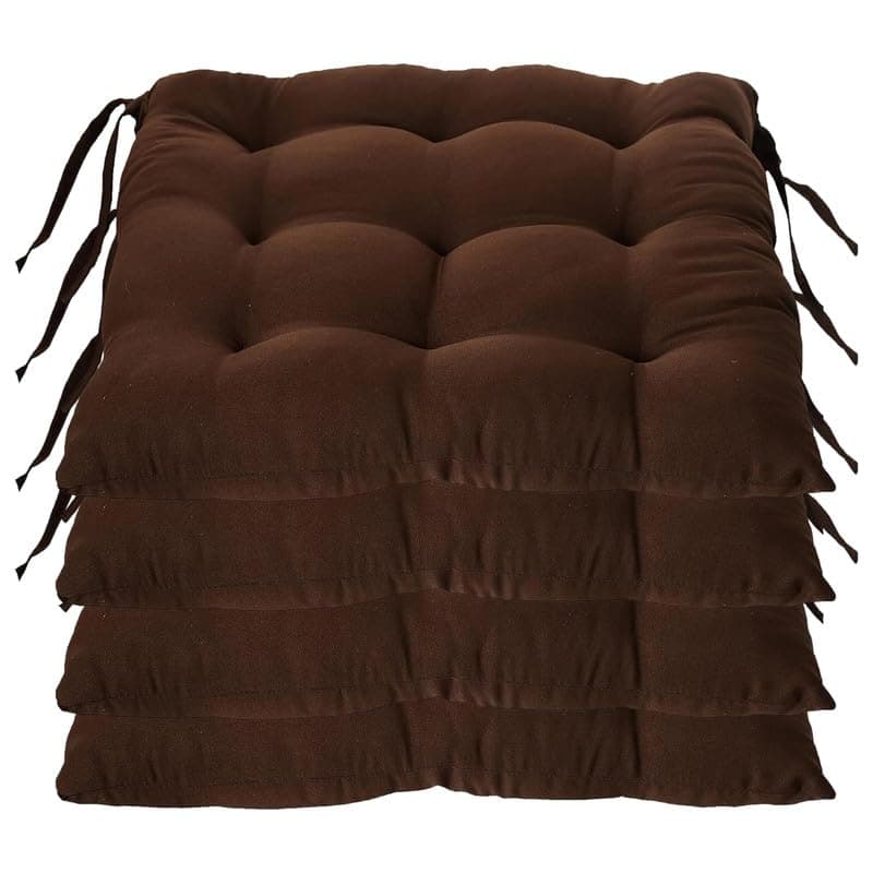 Rajasthan Crafts Pack of 4 Chair Pad | Chair Cushion Pad | Microfiber Square Chair Pads with Ties | Seat Cushion for Chair Office, Sitting, Pooja, Dining & Office Tables (16x16 Inch, Brown)