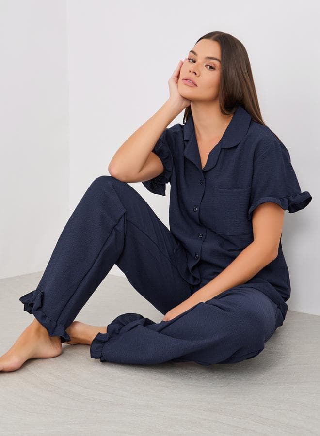 Waffle Textured Ruffled Detail Shirt and Pyjama Set