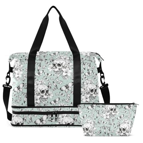 MNSRUU Travel Duffel Tote Bag Vintage Goth Skull Sports Duffel Bag with Wet Pocket Weekender Overnight Bag for Women Men Gym Bag Carry On Bag Hospital Bag for Labor Delivery