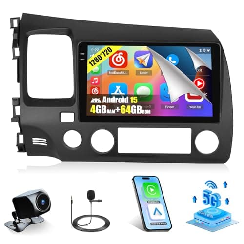 4+64G Android 15 Radio for Honda Civic 2006-2011, 9" Touchscreen for Civic Car Stereo, Wireless CarPlay/Android Auto, 5GHz WiFi, Bluetooth 5.0, EQ, GPS Navigation, 1280 * 720, Backup Camera