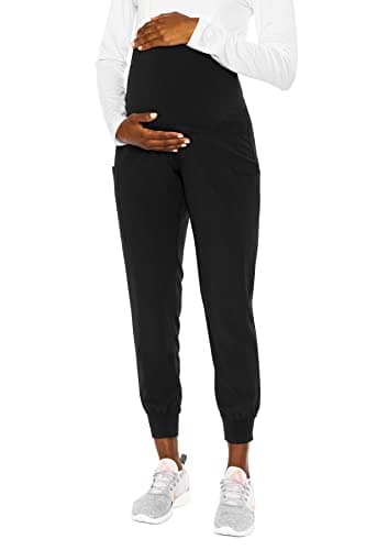 Med Couture Maternity Jogger Pants Scrub Bottoms with 4 Pockets, Knit Waist Panel, Ultra Soft and 360° Stretch - MC8729, L, Black