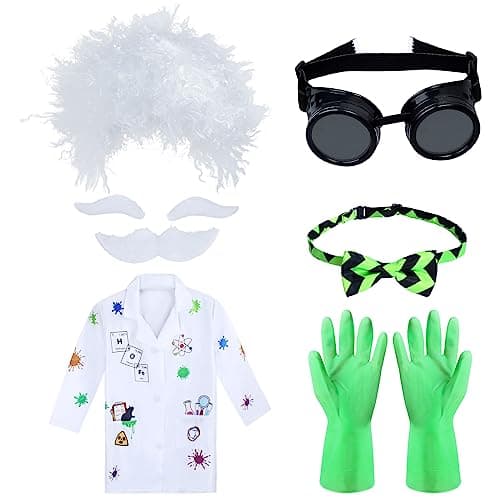 Keymall Mad Scientist Costume for Kids 6 Pieces Halloween Crazy Mad Wig Scientist Lab Coat Mustache Goggles Gloves Bow Tie Set A