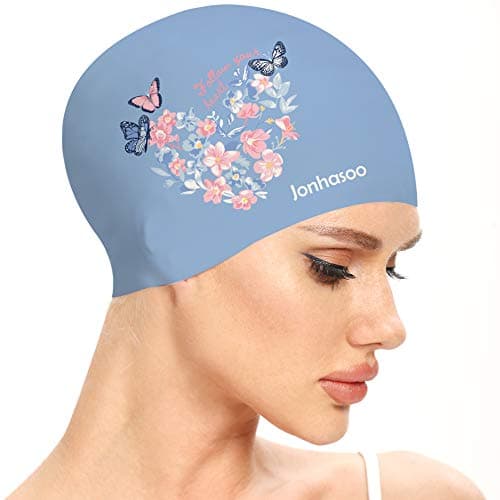 Jonhasoo Swim Cap Women, Silicone Swimming Cap for Long Hair with Flower Printed