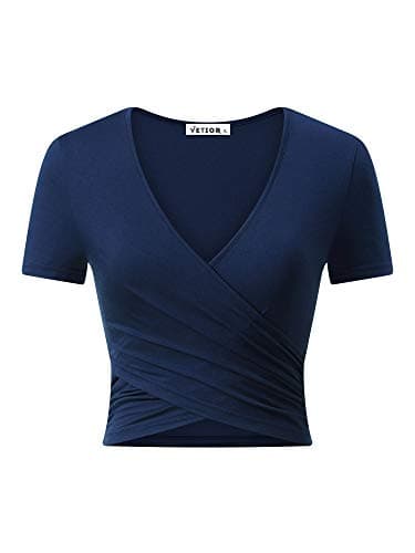 VETIOR Womens Deep V Neck Short Sleeve Slim Fit Crop Workout Top XL Navy Blue