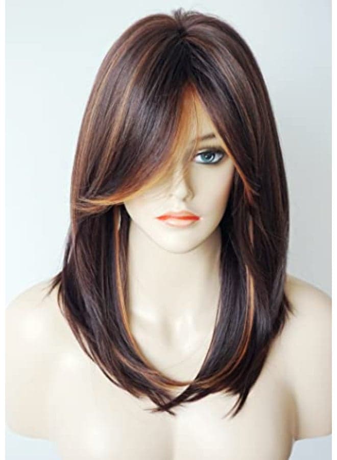 womens wigs for white women Medium Length wig Layered Wigs Light Brown Color with camel Highlights wigs with bangs Synthetic wig for Women Brown Camel mixed