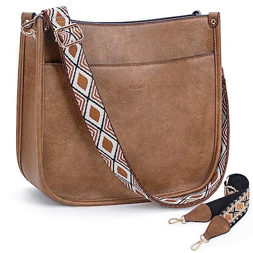 HKCLUF Crossbody Bags for Women Trendy Designer Vegan Leather Hobo Handbags With 2PCS Adjustable Guitar Strap Shoulder Bucket Bags(light tan)