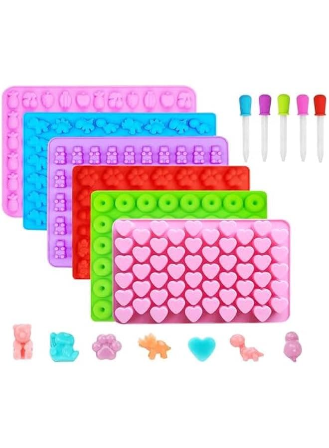 Bear Candy Molds, 6 Pack Gummy Molds with 5 Droppers, Non-stick Silicone Candy Molds Include Mini Dinosaur, Bear, Hearts, Mini Donut cat's claw and fruit
