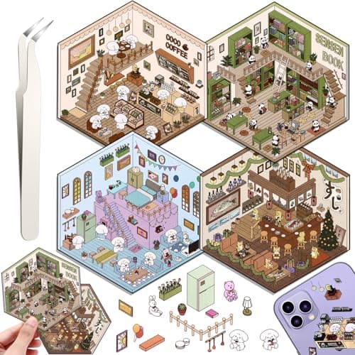 DIY 3D House Stickers, 4 Set Fun DIY Stickers Scene Make Your Own Warm Home, Supermarket, Coffee Shop, Music Bar, Cute 3D Cartoon Scene Sticker for Adult Kids Relief Stress Pass The Time (SY1.0)